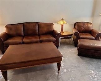 Quality Living Room Set with Nice Leather Couch, Chair, Ottoman, End Tables, Table Lamps, Floor Lamp and Ethan Allen Coffee Table