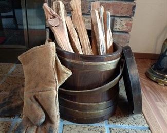 Wooden Kindling Bucket and Gloves