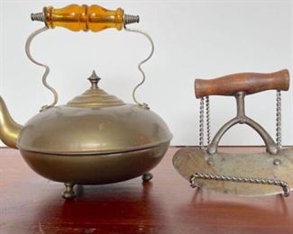  Antique Food Chopper & Brass Tea Kettle