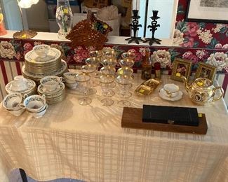 Lenox dining set, gold rimmed glassware, original Queen Elizabeth (Sadler) commemorative teapot.