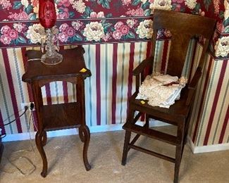 Oak high chair and accent table