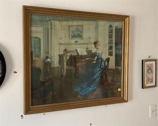 Victorian framed art, girl with piano