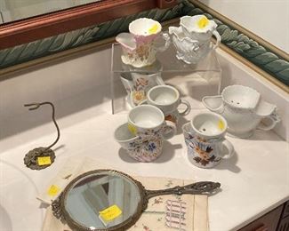 Victorian hand mirror, hand towels and more scuttle mugs