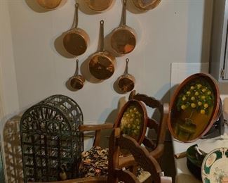 Great set of old heavy copper, a pair of French barstools and an incredible locked wine cage plus more. 