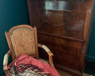 19th century Italian drop front desk and French needlepoint chair along with antique velvet drapery panels