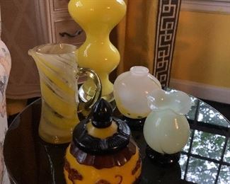 A table of art glass including a piece Peking glass  and yellow, yellow is an extremely rare colour to find  in Peking glass