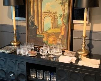 Bar area flanked by a pair of Fredrick Cooper lamps and a vintage Maitland Smith oil on canvas panel