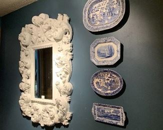 Large ornate white mirror with new and old blue and white Imari 