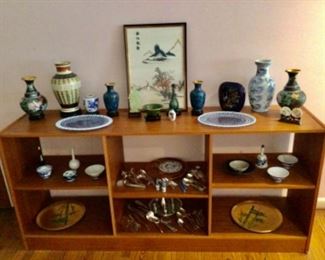 Lots more Asian items including cloisonné, porcelain, bamboo etc. shelf sold