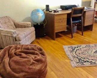 Desk, chair, National Geographic globe, rug, office items