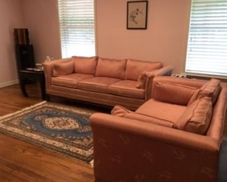Pink silk Couch, love seat & rug 