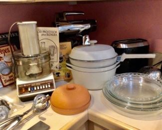 Club pots & pan, toaster, vintage sunbeam mixer, food processor etc