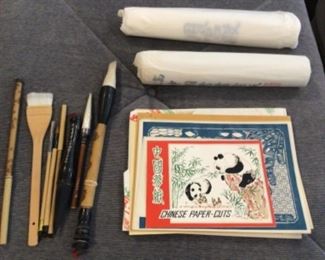 Vintage Paper cuts, Asian paint brushes, paper for painting 