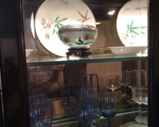 Lighted cabinets with unusual sheer cloisonné bowl,  and Canton dishes, Lenox and fostoria glassware 