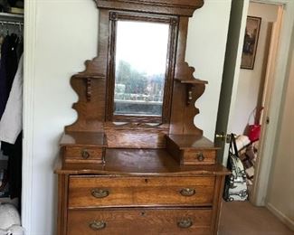 #2	Antique Dresser w/Mirror, 5 drawers (2 separate) and 39x18Dx33  Mirror (attached)  37x13x48	$450.00     NOTE 2 small drawers on the top are not attached and can be removed 
