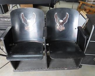 Vintage Pair Black Wooden Movie Theater Chairs in a Harley Davidson Motif  