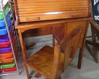 Antique Child's Roll Top Desk with Chair 