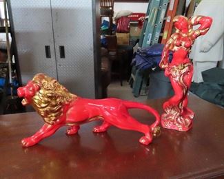 Midcentury Red Lion Ceramic Figurine - Midcentury Lady Ceramic Figurine