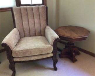 Very Nice Upholstered Chair and Octagon Side Table.