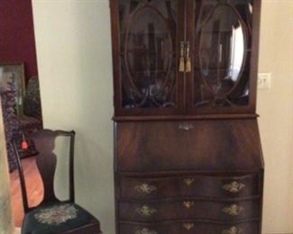 Gorgeous Jasper Secretary with Bowed Glass in Top and a Very Nice Chair