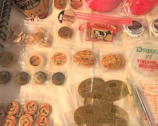 Driggs caps, driver pins, tags, license plate decorations, patches