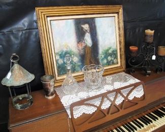 Antique real copper hanging lantern, various crystal pieces, beautiful framed painting & cast-iron candleholder.