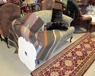 Nice Queen Ann Loveseat, Southwestern rug & faux fur pillows