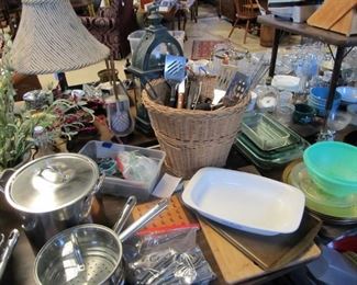 Lots of nice kitchen items - utensils, pyrex, corning ware, cookware, sorting bins, cutting board, flatware, etc.