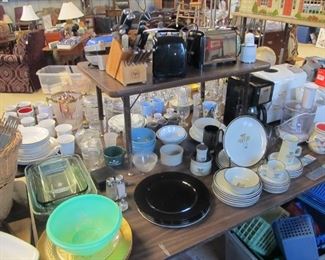Lots of nice kitchen items - utensils, pyrex, corning ware, fire king, vintage dishware, small appliances, etc.