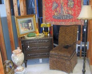 Fredrick - Massoud designer chair, Lovely French tapestry, Fine Handcarved 3-drawer chest, Elegant gold framed watercolor artwork.