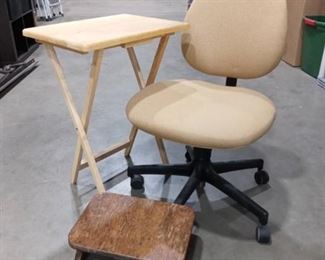Tan Office Chair with Folding TV Tray and Wooden Step Stool
