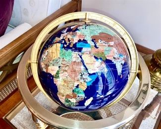Semi-precious stone World globe on brass stand 