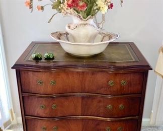 Beautiful vintage 4 drawer leather top chest, vintage pitcher & bowl