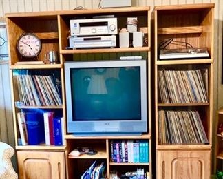 Entertainment Center, vintage records, books, large TV, Electronics, Sony stereo system, etc.