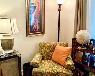 Arm chair, lamps (floor & table), artwork, display/book stands