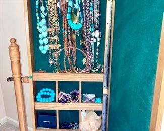 Free standing mirror, hinged jewelry display storage, beautiful jewelry, turquoise, coral, etc.