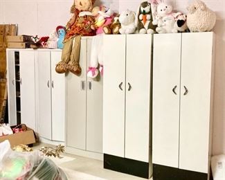 5 metal storage cupboards, Easter & misc. stuffed animals