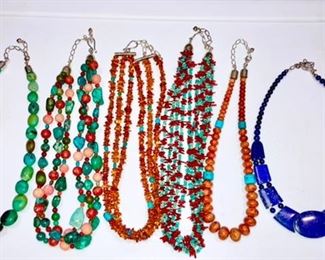 Hand crafted necklaces, turquoise, coral, lapis