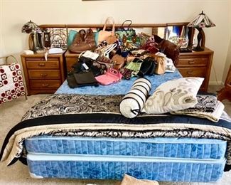 Queen size mattress & box spring w/ headboard and attached nightstands (3 pieces), bedding, quilt rack & quilt, stained glass lamps, designer purses