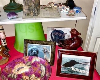 Porcelain bowl, animal framed photos, misc. collectibles