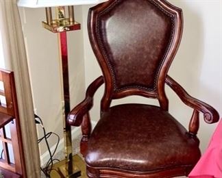 Brass floor lamp, high back office chair