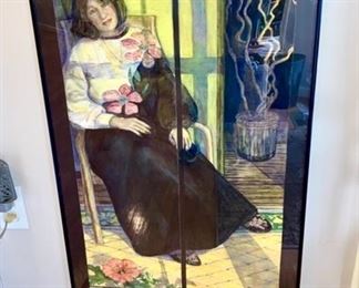Lady sitting on the porch framed print