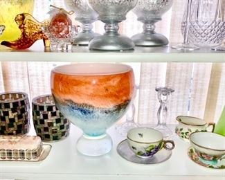 Art glass vase, butter dish, cups & saucers, etc.