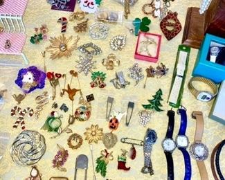 Misc. costume jewelry pins, watches 