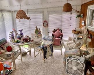 Nice outdoor furniture!  White dining set, and white wicker patio set