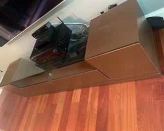 TV console 58.5" L x 18"W x 19" H. Electronics not included in online sale.  