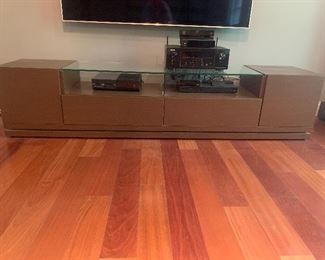 TV console 58.5" L x 18"W x 19" H. Electronics not included in online sale.