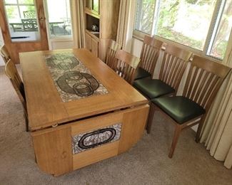 $150.00, Italian MCM Tiled dining room table and 8 chairs, table has some wear as shown, chairs are structurally sound but need recovering