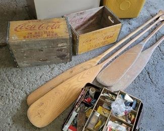 Rare Coca Cola boxes, wood oars, old coolers
