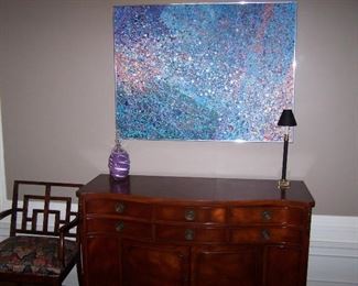 MAHOGANY BUFFET, STUDIO GLASS, LAMP & ART